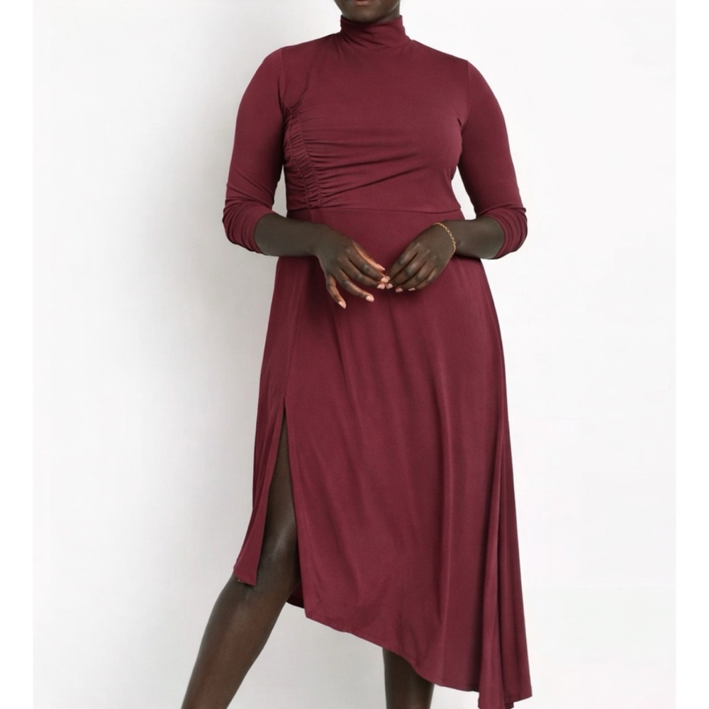 Eloquii Mock Neck Dress Long Sleeve Asymmetrical Hem  Midi Burgundy Pink Size 26